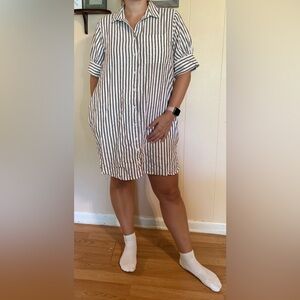 Old navy xl brown cream vertical stripe button up shirt dress pocket linen rayon